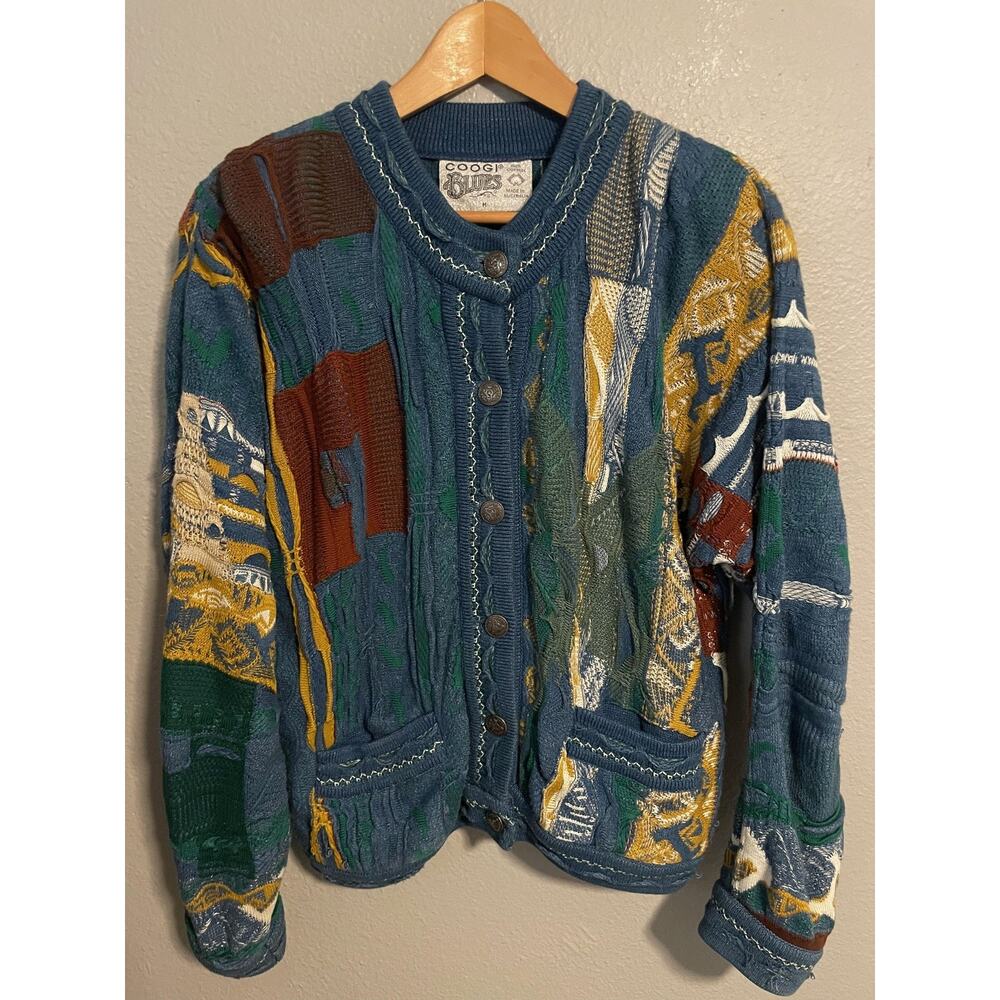 Vintage Coogi Blues Cardigan Sweater Men Medium Multicolor 3D Knit Australia 90s